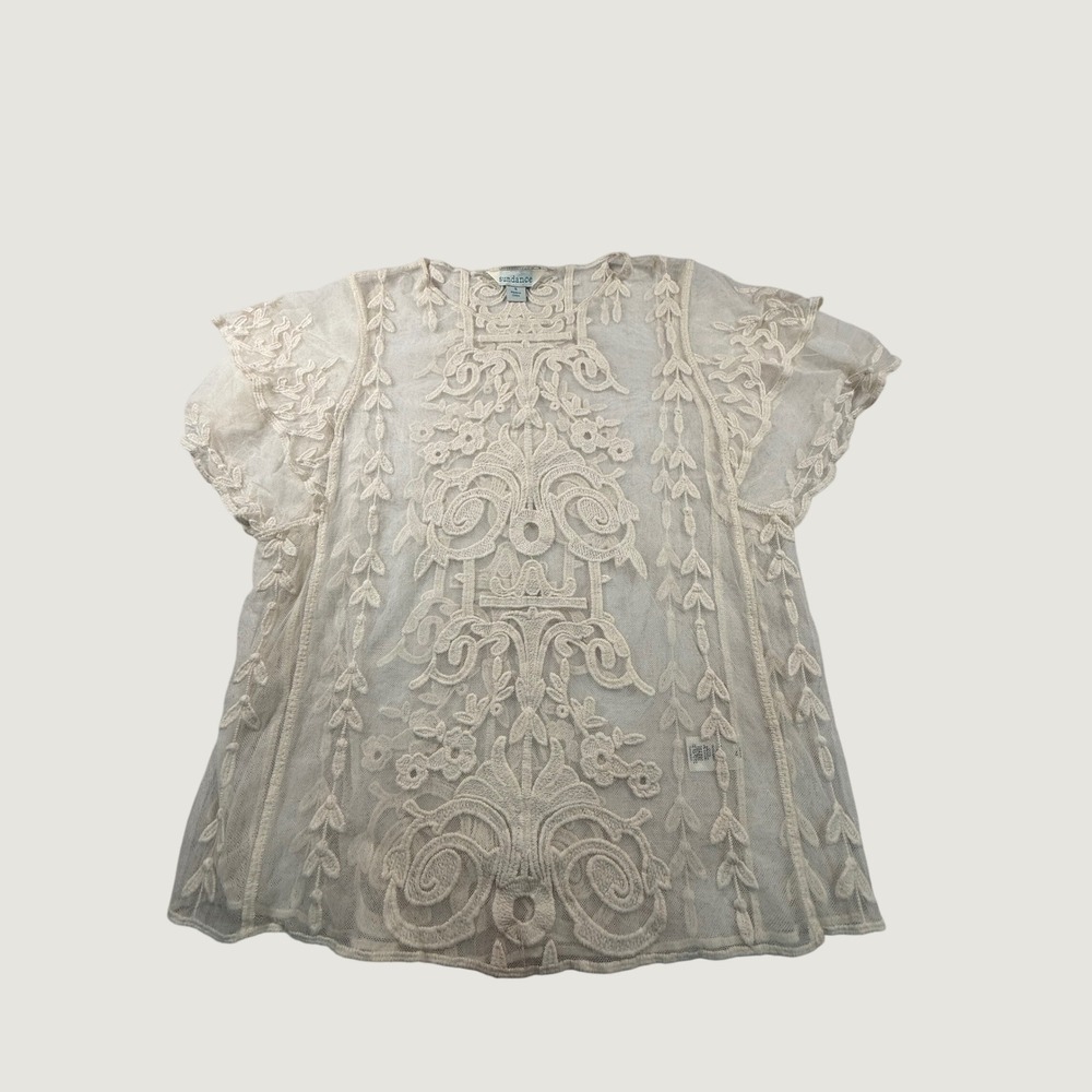 Sundance Cream Embroidered Mesh Short Sleeve Top Small Boho Floral Sheer Crew